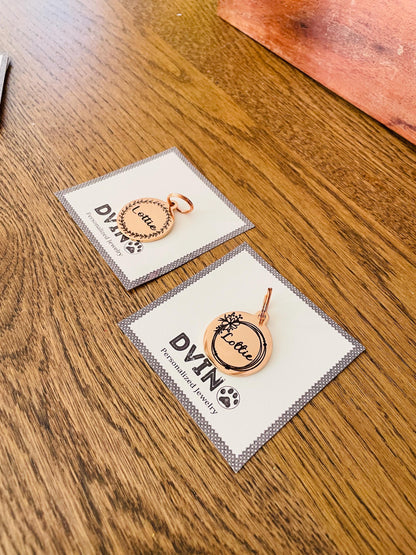 Rose Gold Pet ID Tag: Engraved Stainless Steel Flower Design