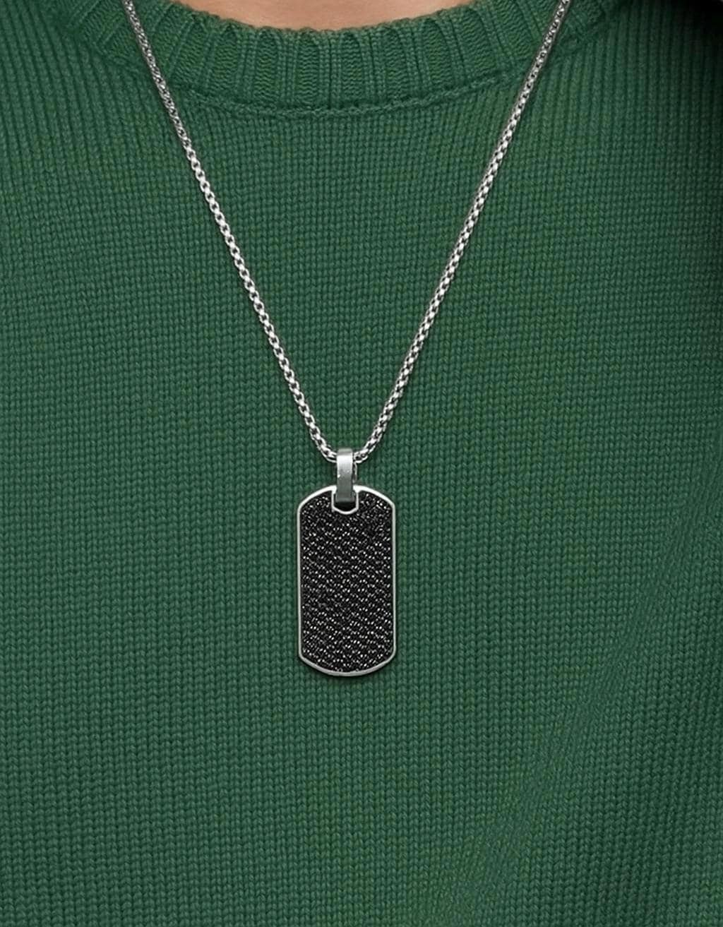 Family Name Engraved CHEVRON Men's TAG Stainless silver with Black Diamonds ,with Back side personalization
