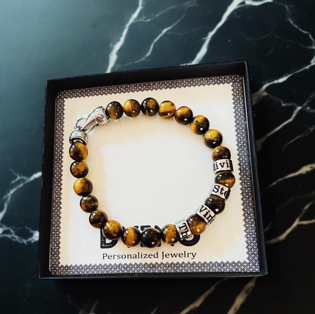 Personalized Engraved Men Tiger Eye Bracelet with Names with Clasp, Tiger eye  Kids Names Bracelet - Family Name Bracelet, valentines,