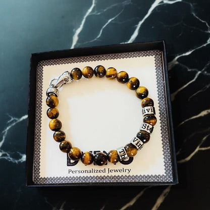 Personalized Engraved Men Tiger Eye Bracelet with Names with Clasp, Tiger eye  Kids Names Bracelet - Family Name Bracelet, valentines,