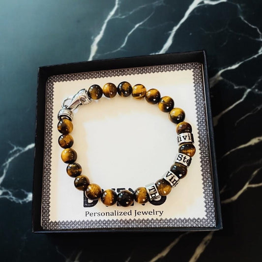 Personalized Engraved Men Tiger Eye Bracelet with Names with Clasp, Tiger eye  Kids Names Bracelet - Family Name Bracelet, valentines,