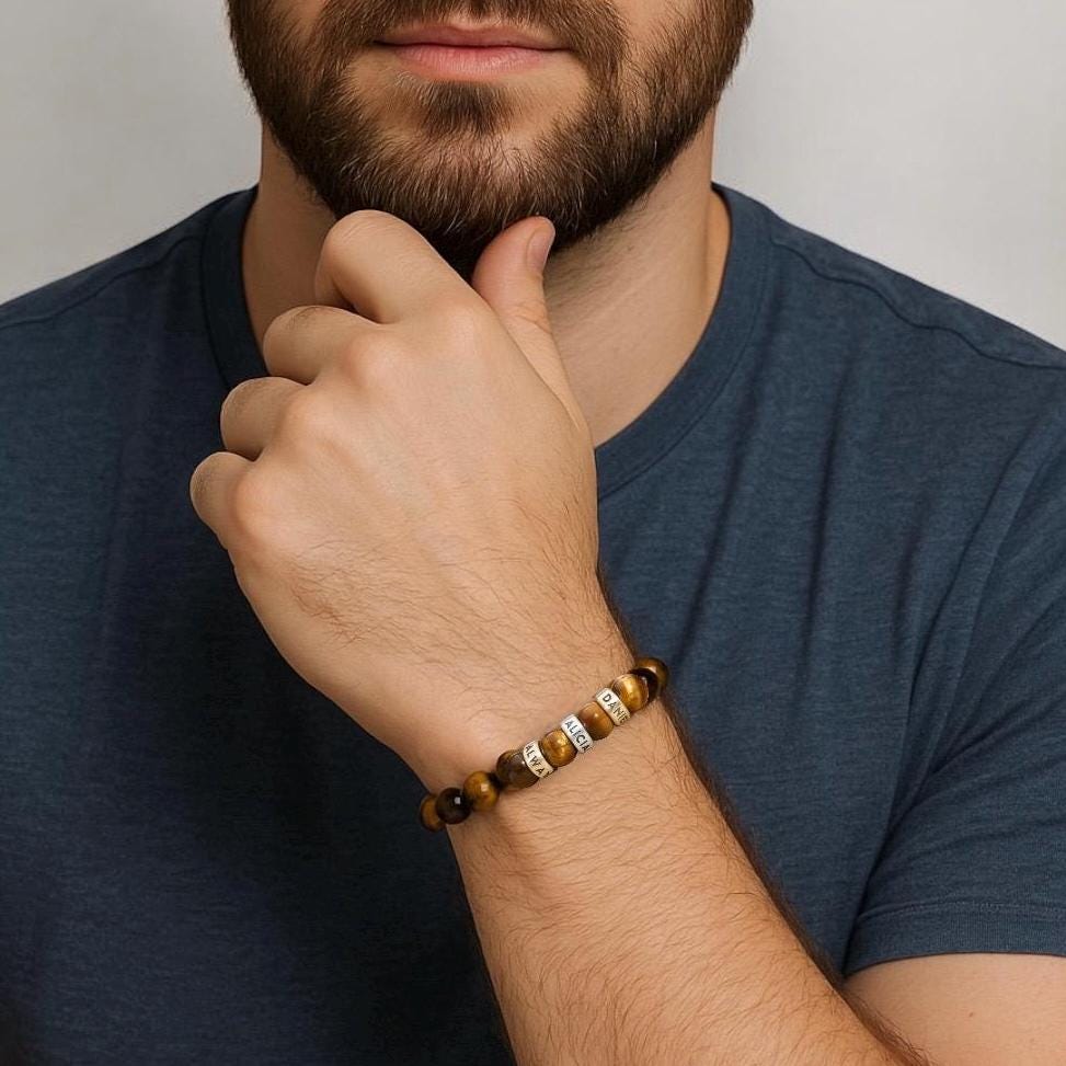 Personalized Engraved Men Tiger Eye Bracelet with Names with Clasp, Tiger eye  Kids Names Bracelet - Family Name Bracelet, valentines,