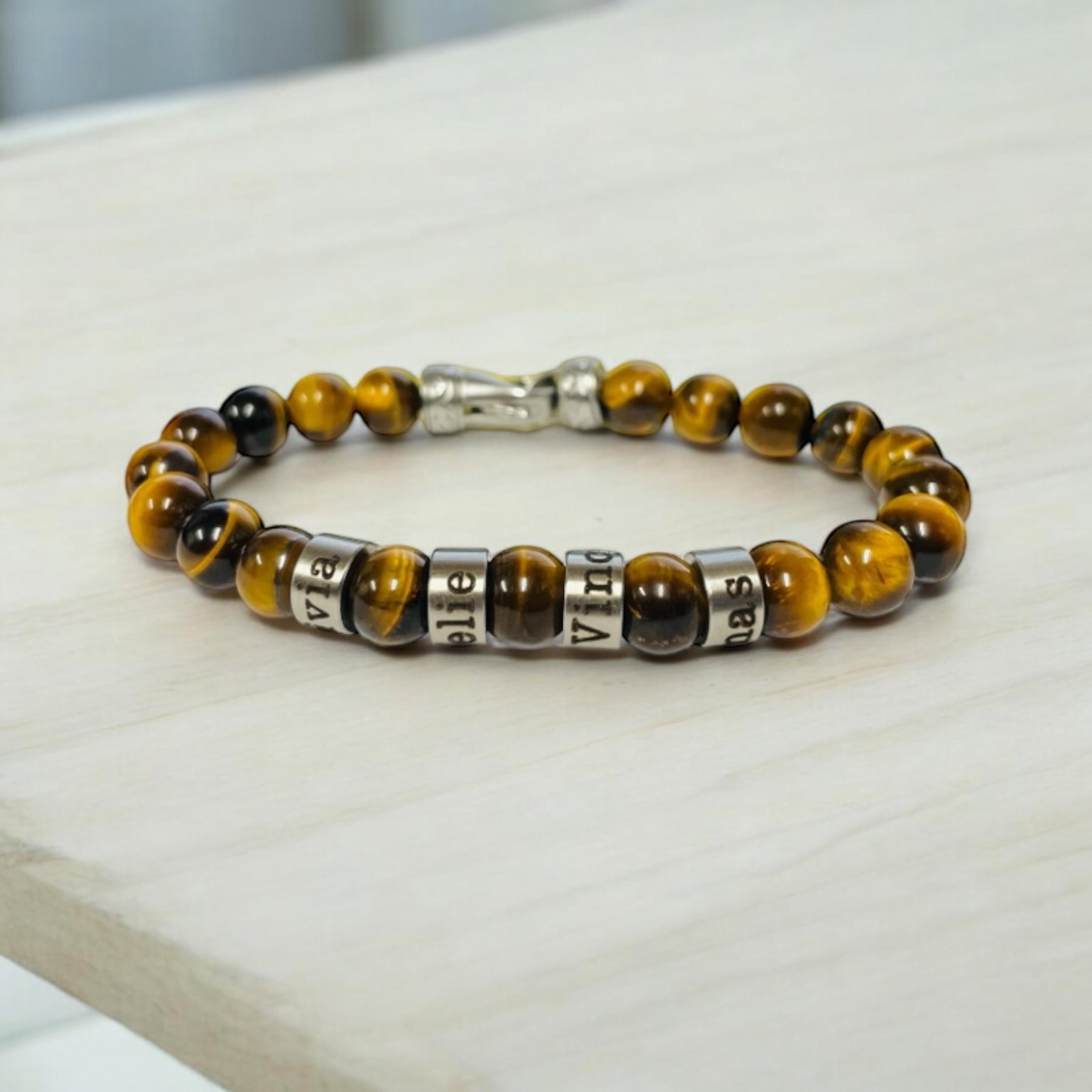 Personalized Engraved Men Tiger Eye Bracelet with Names with Clasp, Tiger eye  Kids Names Bracelet - Family Name Bracelet, valentines,