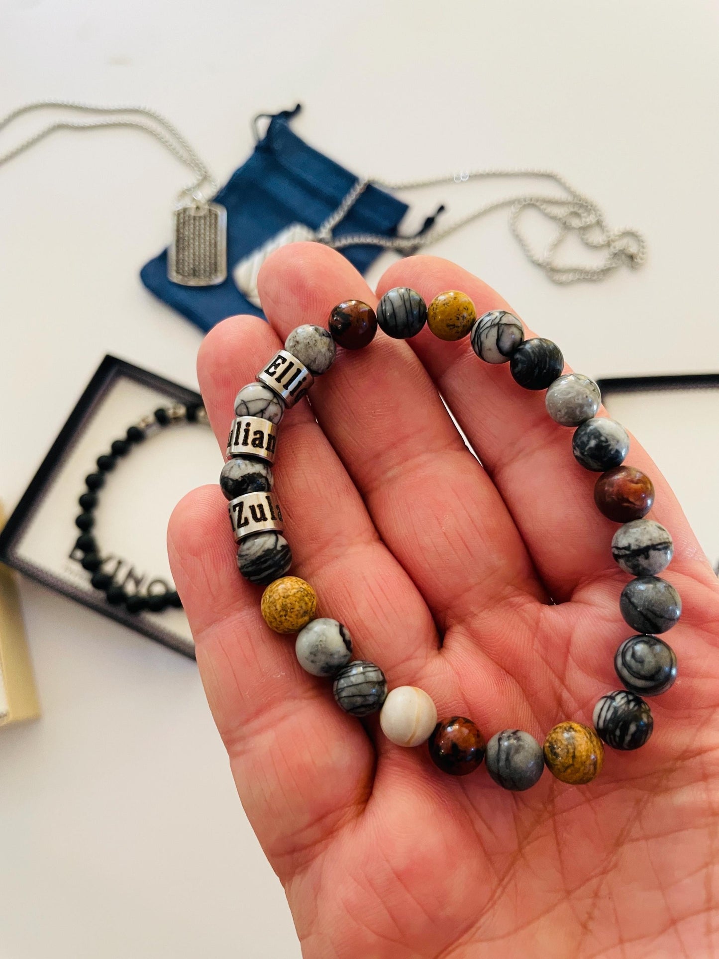 Personalized Men's Jasper Stone Bracelet: Engraved Name Beads