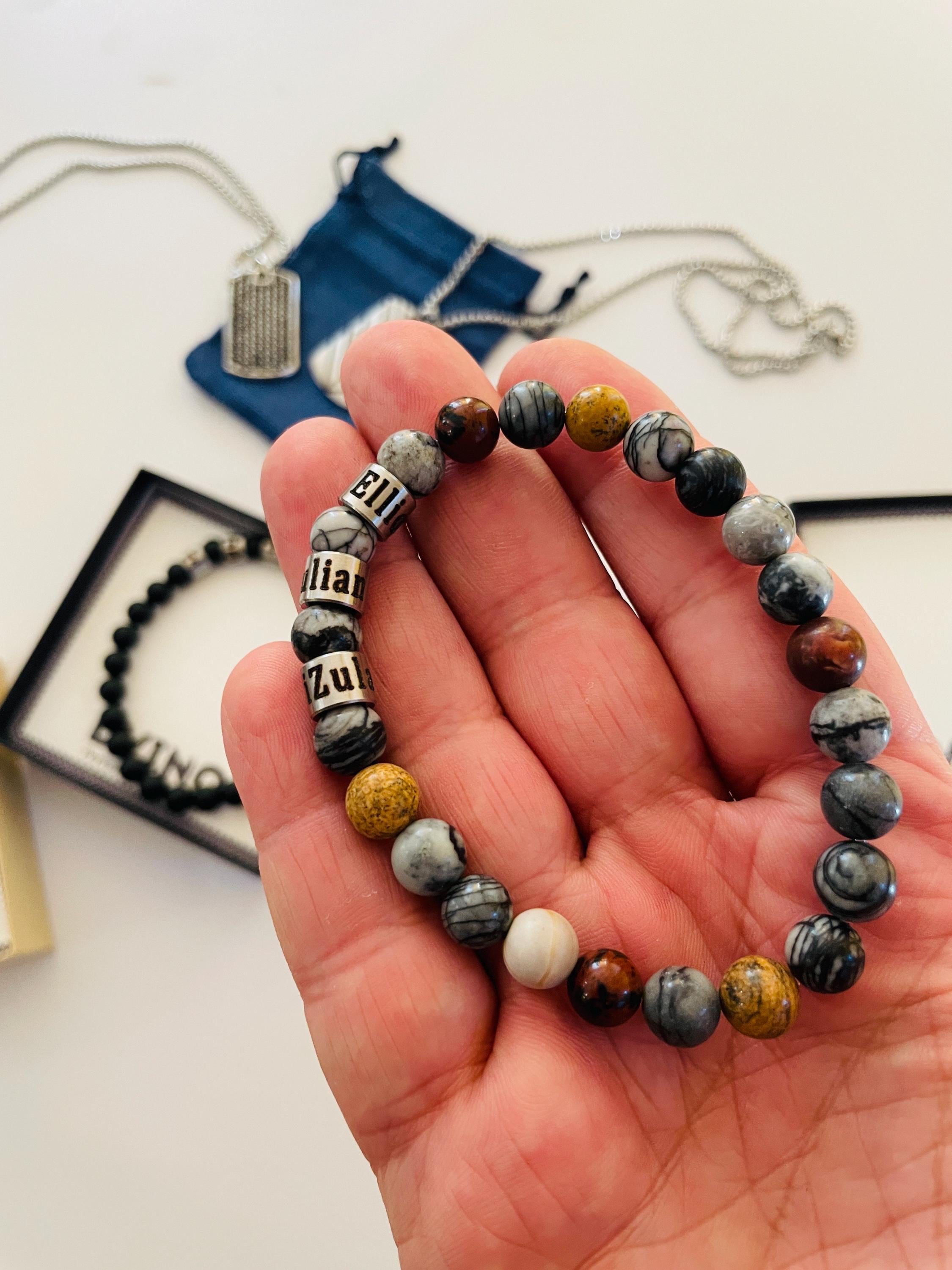 Personalized Men's Jasper Stone Bracelet: Engraved Name Beads