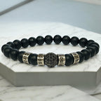 Personalized Engraved Black Onyx Bracelet and Pave Black Diamond Station: Stainless Steel Name Beads