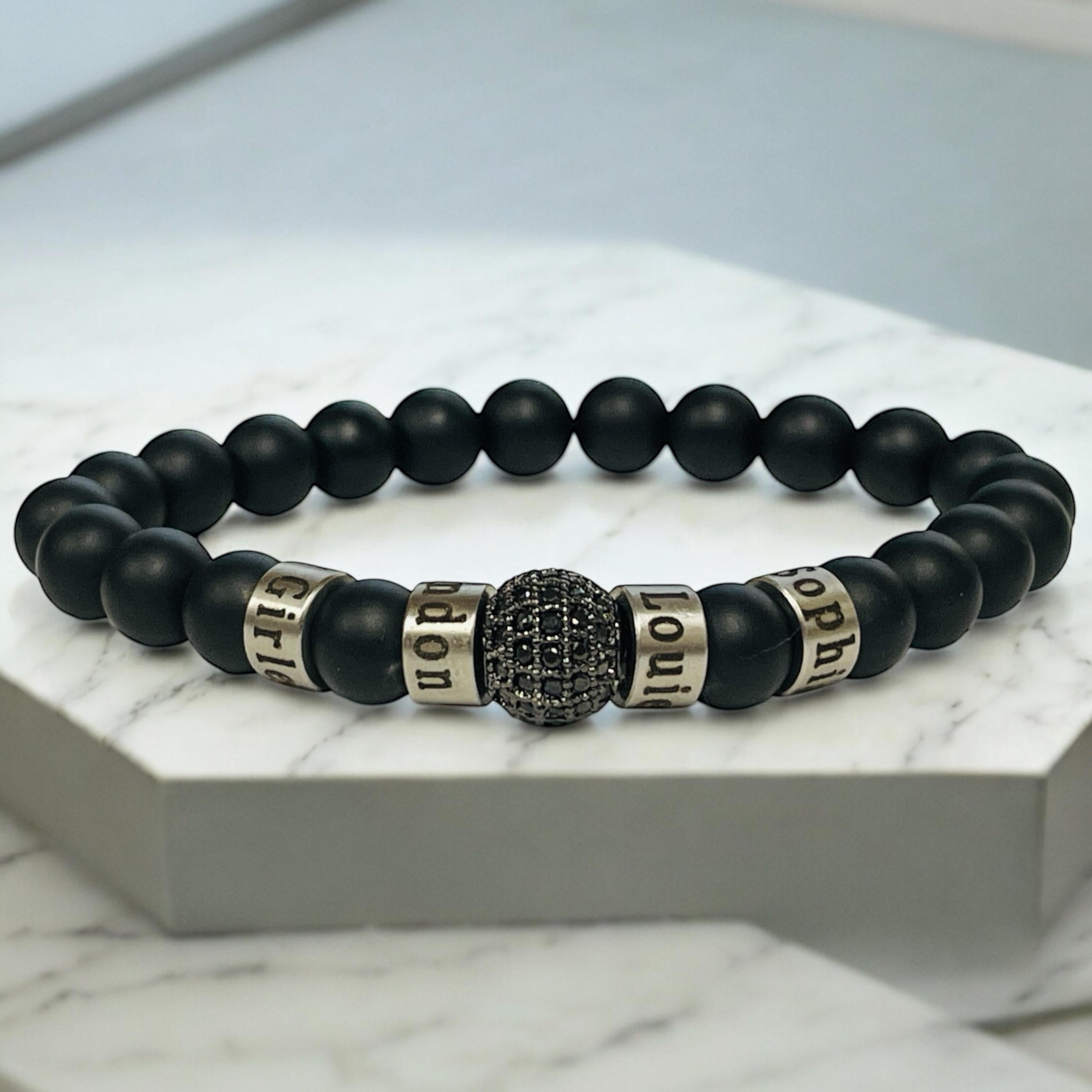 Personalized Engraved Black Onyx Bracelet and Pave Black Diamond Station: Stainless Steel Name Beads