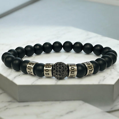 Personalized Engraved Black Onyx Bracelet and Pave Black Diamond Station: Stainless Steel Name Beads