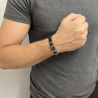 Personalized Engraved Black Onyx Bracelet and Pave Black Diamond Station: Stainless Steel Name Beads