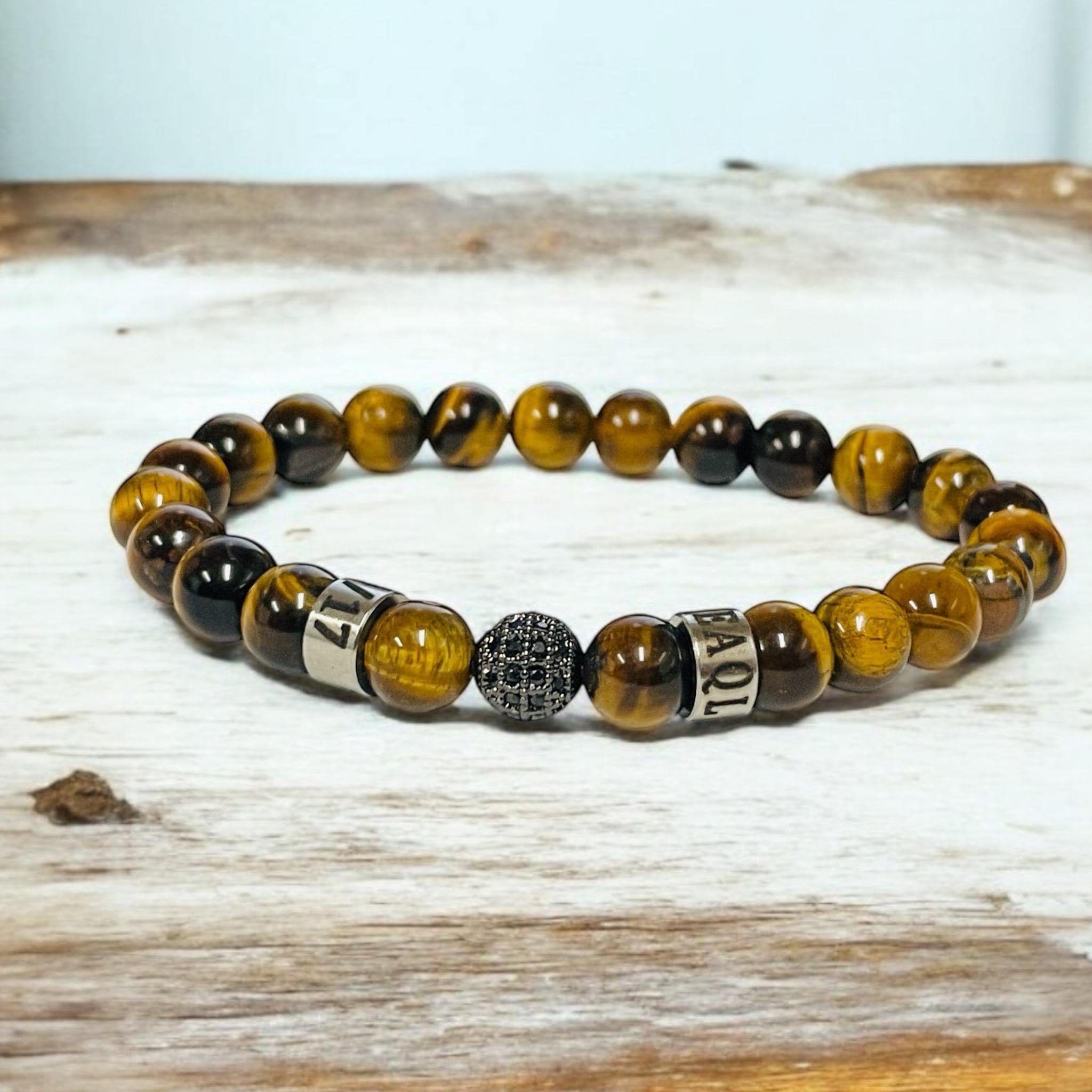 Personalized Tiger Eye Stone Bracelet: Engraved Names, Black Diamond Accent