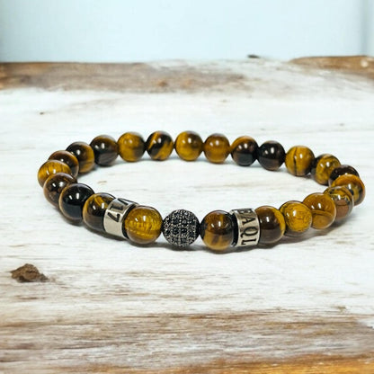 Personalized Tiger Eye Stone Bracelet: Engraved Names, Black Diamond Accent