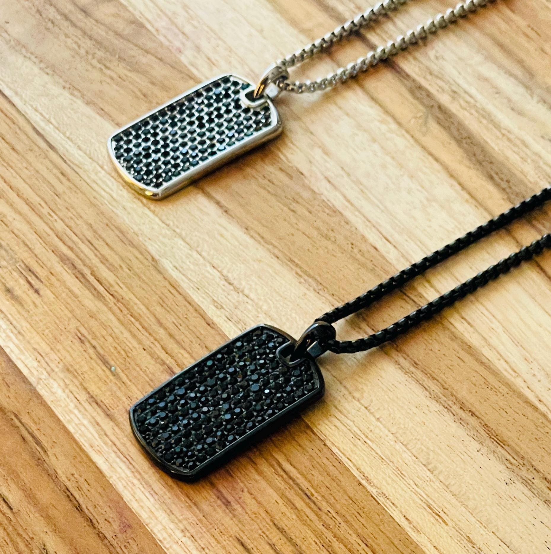 Family Name Engraved CHEVRON Men's TAG Stainless silver with Black Diamonds ,with Back side personalization