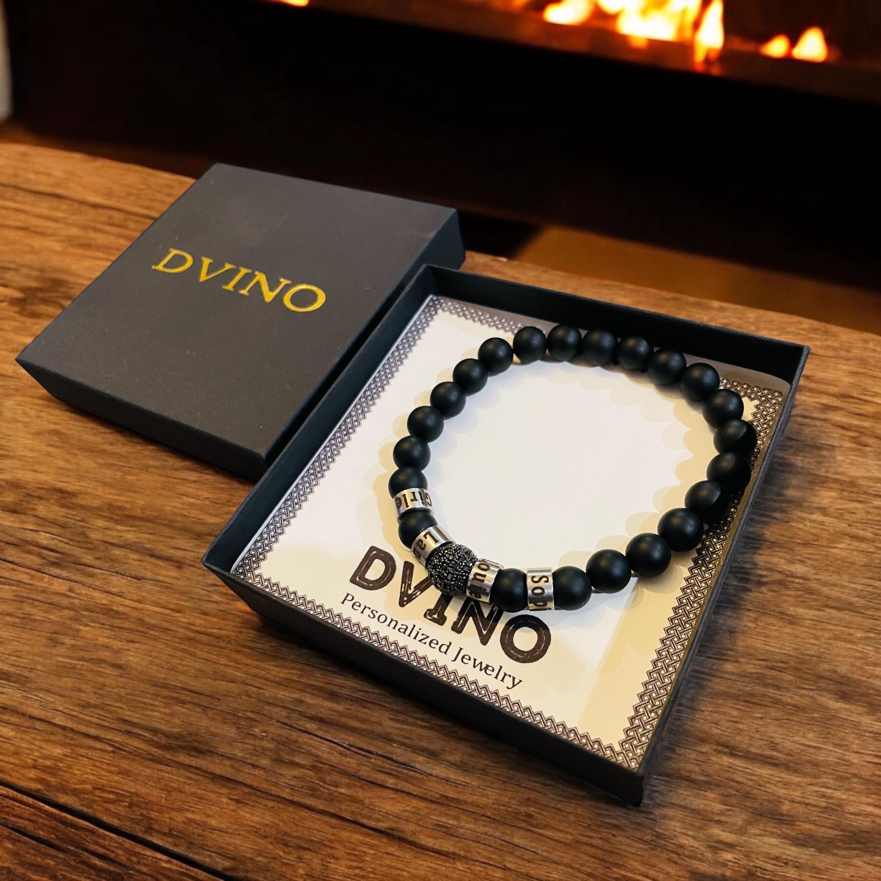 Personalized Engraved Black Onyx Bracelet and Pave Black Diamond Station: Stainless Steel Name Beads