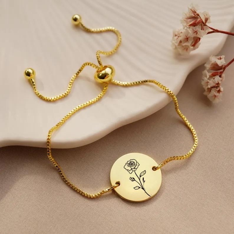 18K Gold Plated Birth Month Flower Bracelet: Personalized Engraved Gift