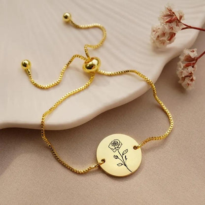 18K Gold Plated Birth Month Flower Bracelet: Personalized Engraved Gift