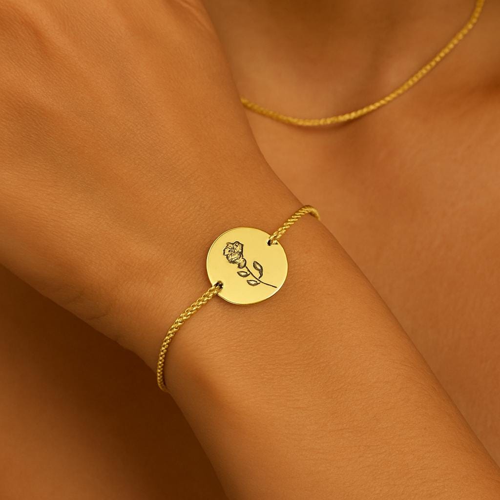 18K Gold Plated Birth Month Flower Bracelet: Personalized Engraved Gift