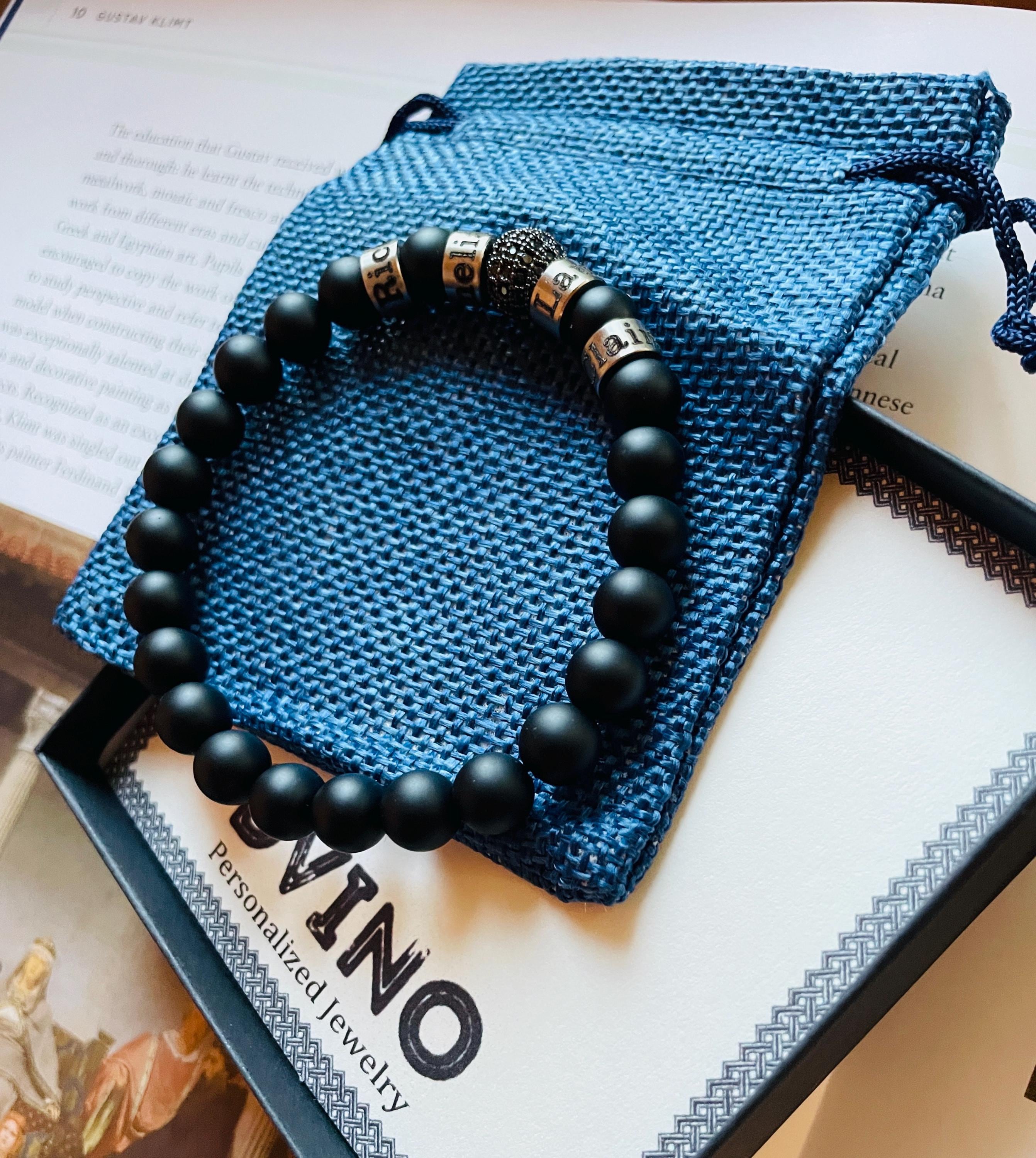 Personalized Engraved Black Onyx Bracelet and Pave Black Diamond Station: Stainless Steel Name Beads