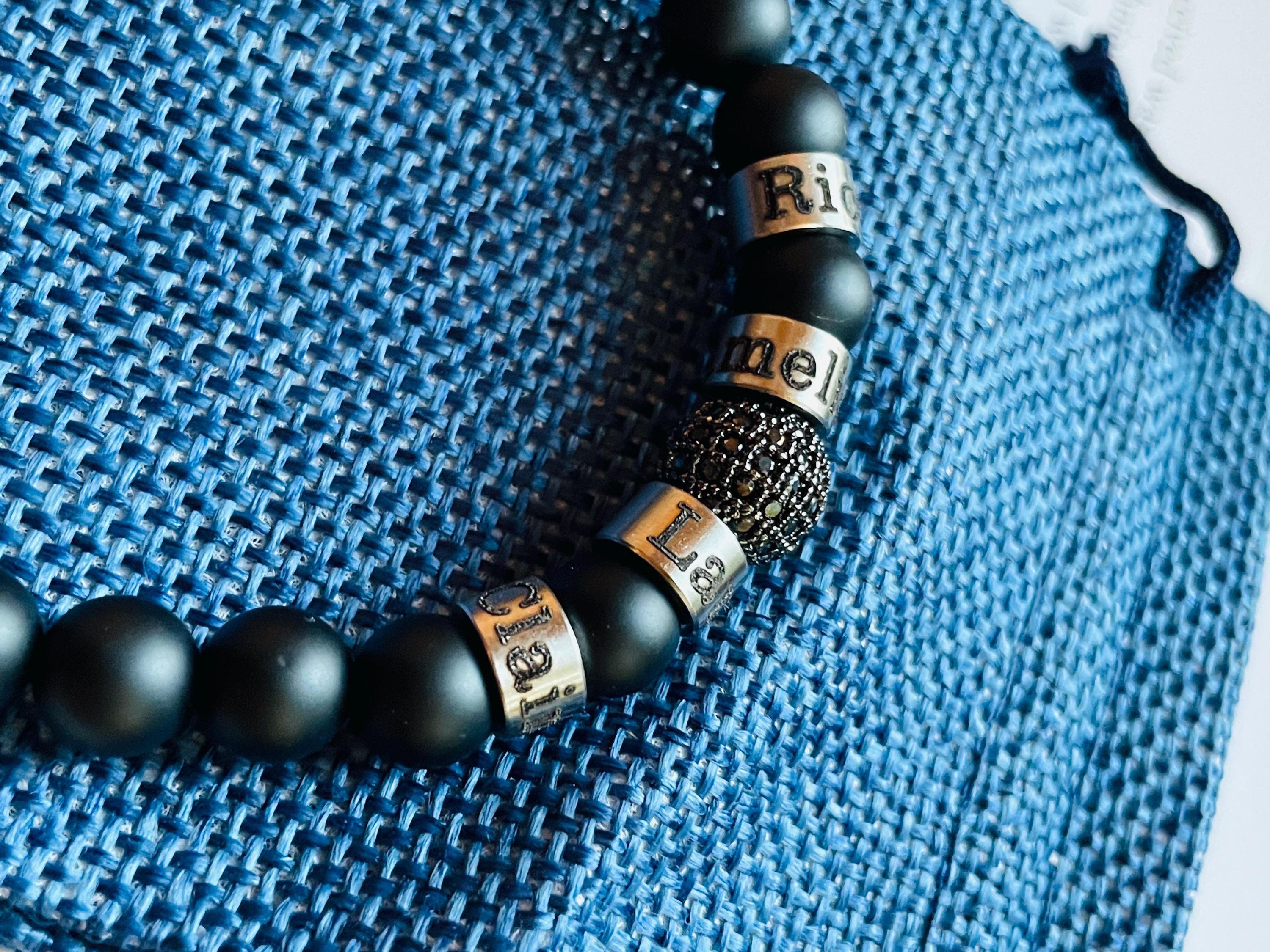 Personalized Engraved Black Onyx Bracelet and Pave Black Diamond Station: Stainless Steel Name Beads