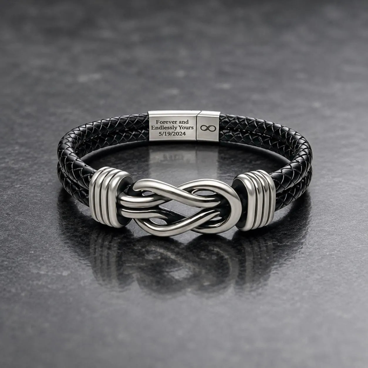 Personalized Leather Infinity Knot Bracelet – Custom Hidden Engraved Message