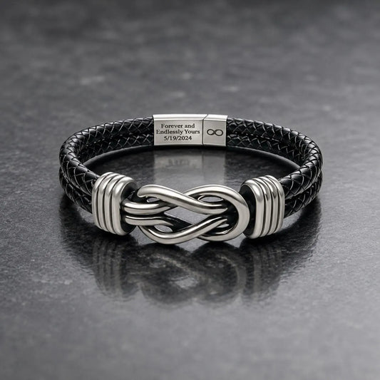 Personalized Leather Infinity Knot Bracelet – Custom Hidden Engraved Message