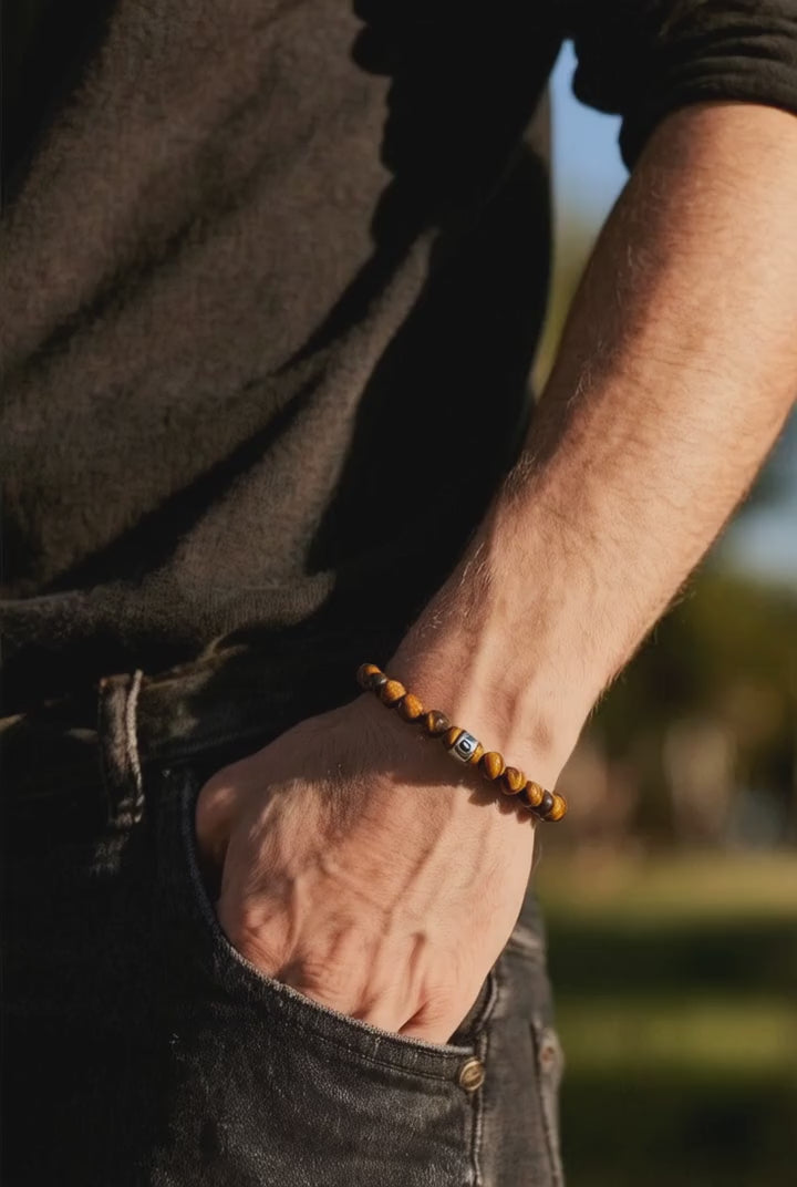 Personalized Tiger Eye Bracelet for Men: Engraved Name, Stainless Steel Beads