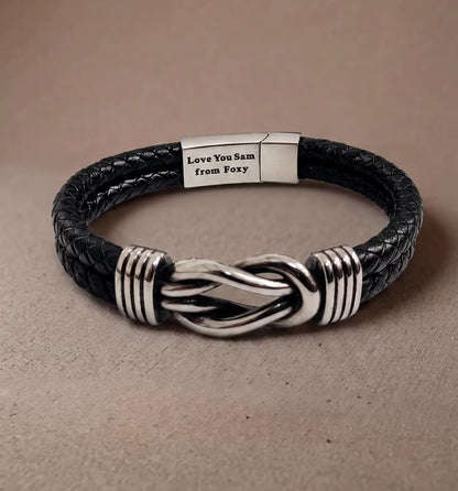 Personalized Leather Infinity Knot Bracelet – Custom Hidden Engraved Message
