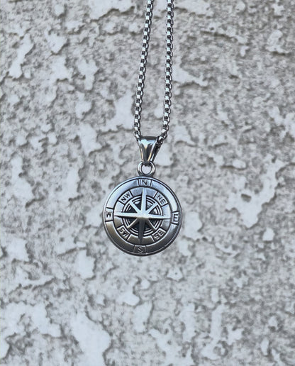 Engraved Compass Pendant Necklace for Men in Stainless steel