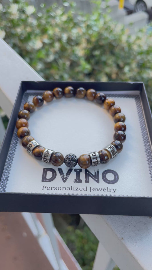 Personalized Tiger Eye Stone Bracelet: Engraved Names, Black Diamond Accent